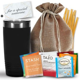 Bellina Tea Gift Baskets for Women and Men - Herbal Tea Variety Pack Gift Set for a Special Someone & Tea Lovers - Insulated Tea Tumbler, 20 Premium Teas, 10 Honey Straws, Gift Tag, Natural Gift Bag