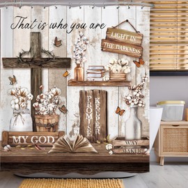 LIGHTINHOME Farmhouse Christian Shower Curtain 60Wx72H Inches Inspirational Rustic Bible Verses Cross Motivational Quotes Scriptures Country Bathroom Decor Fabric Waterproof Polyester Set with Hooks