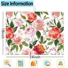 Large Dish Drying Mat for Kitchen Counter,18"X24" Watercolor Rose Flowers Super Absorbent Reversible Microfiber Dish Drying Mat Dish Drainer Mat,Drying Pad for Kitchen Countertop Coffee Bar