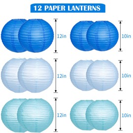 YUNXUAN Paper Lanterns Decorative, Blue Hanging Paper Lanterns with Lights for Wedding Graduation Birthday Party 12 LED Light Round Chinese Lanterns 12" 10" Pack of 12