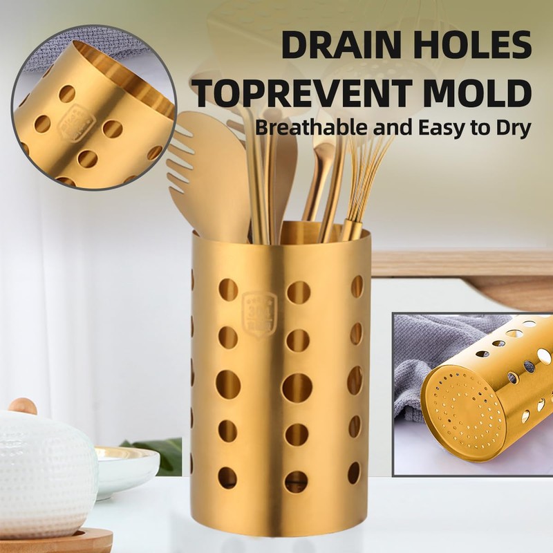 QRU Kitchen Utensil Holder for Countertop (H6.7” x W4.1”), Stainless