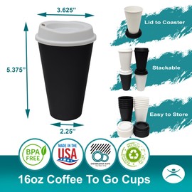 Rolling Sands USA Made 16 oz Reusable Coffee Cups with Lids 2 Pk, To Go Travel Cups, Hot or Cold Drinks, Dishwasher and Microwave Safe, Black and White