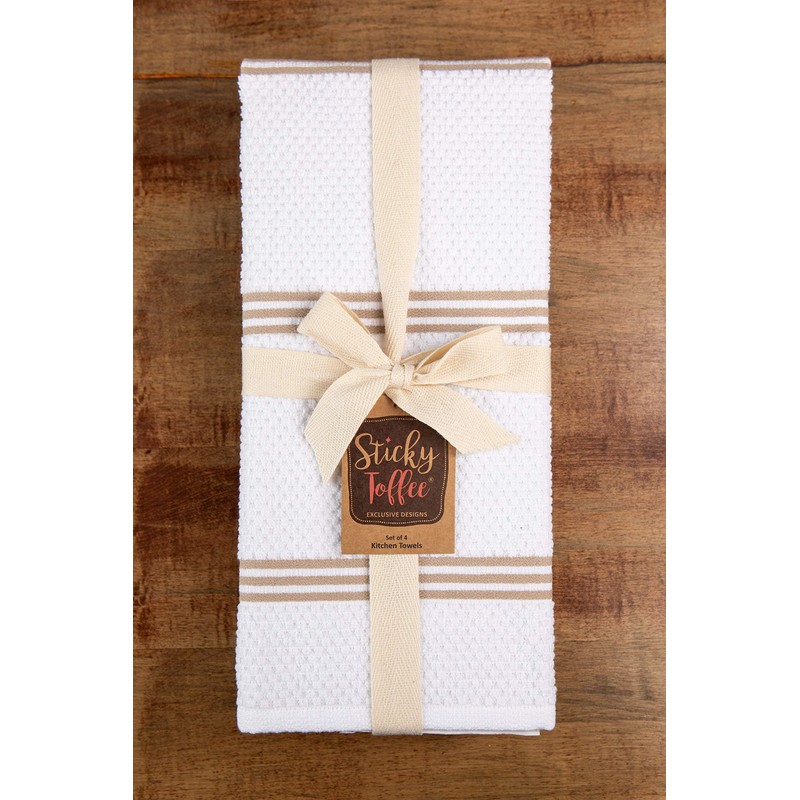 100% Cotton Terry Tea Towel - Tan Plain & Stripe