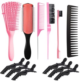 Sugarzoon 12PCS Juego de Cepillos para Desenredar el Cabello, Cepillo para Cabello Rizado para Mujeres, Hombres y Niños, Cepillo para Rizar el Cabello Natural con Cepillo para Desenredar (Rosa)