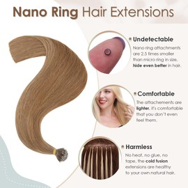 Elailite Hair Extensions Real Human Hair Nano Ring Nano Beads Cold Fusion 50 Strands 50g Straight (#6 Light Brown, 16 Inch)
