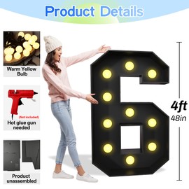 Froova Light Up Numbers 6 Marquee, 4FT Number 6 Light Up Sign Black 6 Mosaic Numbers with Lights for 6th Birthday Decorations Cardboard DIY Numbers Pre-Cut Foam Board Kit for 2026 New Year Anniversary