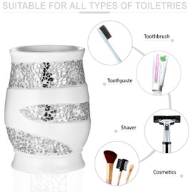 Zahari Home 4pc Sinatra Stylish Bathroom Accessories Set White Soap Dispenser, Tumbler, Tooth Brush Holder and Soap Dish Modern Classic Luxury Decor Bling Mosaic Glass White Bathroom Accessories