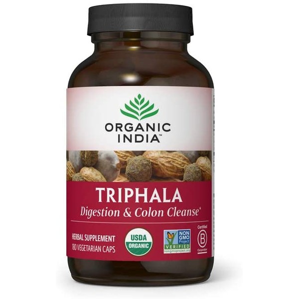 Organic India Triphala Herbal Supplement - Digestion & Colon Support, Immune System Support, Adaptogen, Nutrient Dense, Vegan, Gluten-Free, USDA Certified Organic, Non-GMO - 180 Capsules
