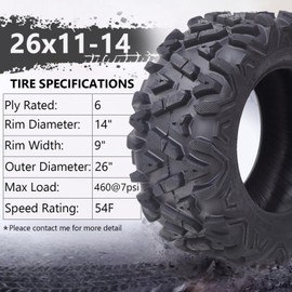 Hipicute 26x11x14 ATV UTV All Terrain Off-Road Tires, 6 Ply Tubeless, Set of 2