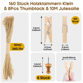 Hengxinc Pack of 168 Mini Wooden Pegs Small Mini Clothes Pegs Wedding Small Wooden Pegs for Polaroid Photos with 10 m Jute String DIY for Photo Wall Display Party (Natural)