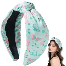 OCOUYVD Flower Print Knotted Headbands Green Colourful Butterfly Cute Wide Top Knot Cotton Headband for Women's Hair, Hair Styling Fashion Hairbands Non Slip Wide Head Band Accessories for Girls