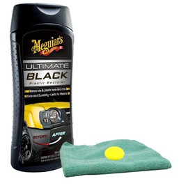 Meguiar's Ultimate Black Plastic Restorer (12 oz) Bundle with Microfiber Cloth & Foam Pad (3 Items)