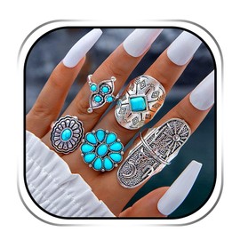 GRAEEN Boho Sliver Turquoise Ring Sets Wide Carved Knuckle Ring Totem Stackable Ring Summer Beach Ring Accessory for Women (Pack of 9)