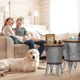 RUSTOWN Farmhouse Accent Side Table, Rustic Antique Galvanized End Coffee or Cocktail Table, Storage Metal Bin with Round Wood Lid Set of 2 (Galvanized), 15.7D x 22.8H Small: 14.2D x 20.5H.