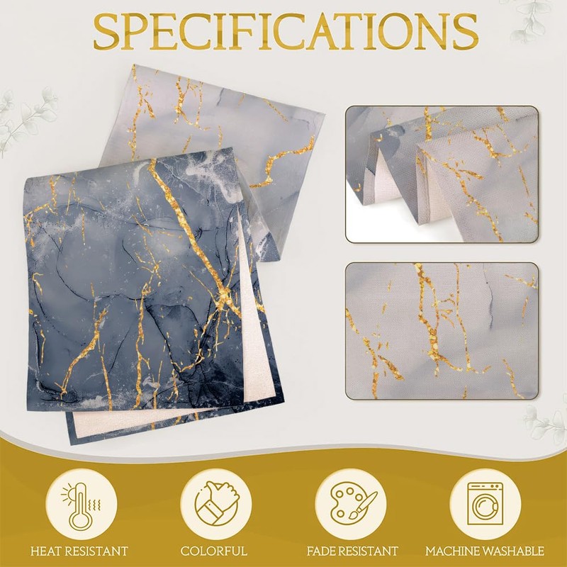Spring Table Runner Marble Blue Gold Black Grey Farmhouse Retro