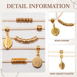 Loqpol 5PCS Gold Boho Hair Ties Bracelet | Fancy Hair Band Bracelet with Metal Beads, Pretty No-Damage Ponytail Holder, Boho Style Hair Accessories for Women and Girls (Beige- Gold 01)