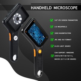 Digitales Mikroskop mit 7,6 cm (3 Zoll) IPS-Bildschirm, Autofokus, 8 LED-Leuchten, TF-Kartenschlitz, tragbare Handlupe für Münzen, Leiterplatten, Schmuckinspektion, Bildungsprojekte, kompatibel mit