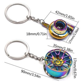 Qixuer 2 Pieces Metal Key Chain,Mini Turbo Keychain Car Metal Key Chain Turbocharger Spinning Turbine Keyring Car Rim Wheel Keychain Tire Wheel Keychain Auto Parts Model Keychain for Men