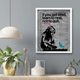 SIGNWIN Framed Banksy Little Girl and The Blue Bird Wall Art, Vintage Newspaper, Old Grey Dark, Industrial, Quotes Wall Decor Prints, Inspirational Wall Décor for Living Room, Bedroom - 12"x16" White