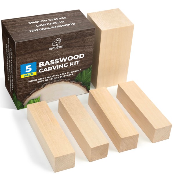 BeaverCraft Basswood Wood Carving Blocks Set BW1 1pcs - 10cm x 5cm x 5cm 4 pcs - 2,5cm x 2,5 cm x 10cm Wood Whittling Wood Kit for Beginners Wood Carving - Basswood for Wood Carving Hobby Kit