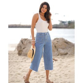 luvamia Capris Jeans for Women Wide Leg High Waisted Trendy Raw Hem Patch Pocket Cropped Stretchy Denim Capri Pants Womens Cowgirl Outfit Cool Blue X-Large Fits Size 16 Size 18