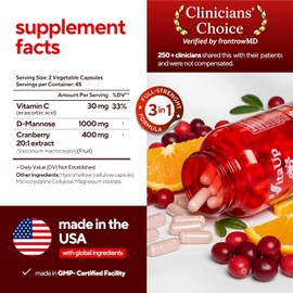 VitaUp D mannose with Cranberry and Vitamin C - USA Made D-mannose 1000mg Capsules - Cranberry Pills for Urinary Tract & Bladder, Immune Support - 90 Count