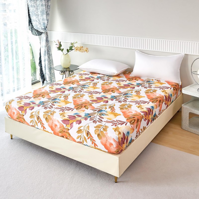 Jemiipee Double Fitted Sheet Mustard Yellow Tropical Leaves Pattern, 30