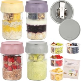 Soligt Overnight Oats Containers with Lids, Folding Spoons, and Divided Compartments for Fruit & Nuts, Small Glass 16oz Mason Jars for Oatmeal Yogurt Parfait Kitchen Utensils Christmas Ornaments 2024 - Color: 4 Set-Gray/Wisteria Purple/Rose Pink/Egg Yell