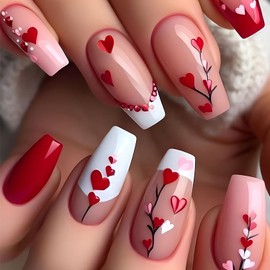 Valentines Press on Nails Medium French Tip Fake Nails Glossy Red Acrylic Nails Full Cover Glue on Nails Heart False Nails Valentine Coffin Artificial Nails Cute Stick on Nails for Women
