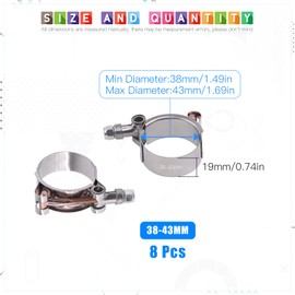 Glarks 8 Pieces 38-43 mm Stainless Steel T-Bolt Hose Clamps Turbo Intake Hose Soft Hose Intercooler Clamps