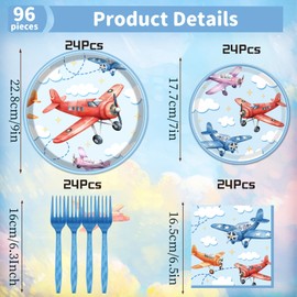Rakuto Airplane Birthday Tableware Party Decorations, 96PCS Airplane Party Plates Napkins and Forks Supplies, Disposable Cartoon Airplane Baby Shower Decor Serves 24
