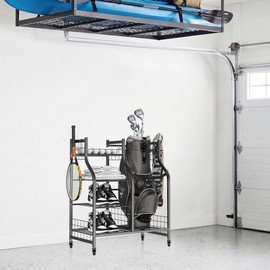 TORACK Golf Bag Storage for Garage, Rolling Golf Bag Stand Holds 1 Bag, Golf Equipment & Accessories Storage Rack with Shelves