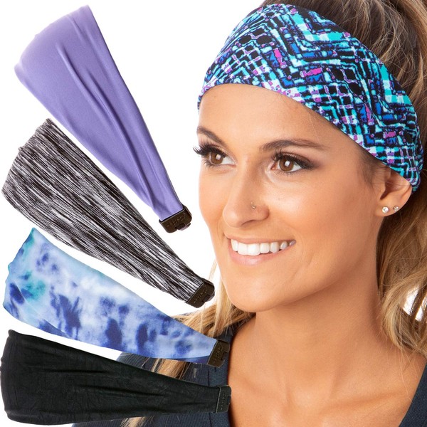 Hipsy Adjustable & Stretchy Xflex Band Wide Sports Headbands for Women Girls & Teens (5pk Black/Mosaic/Violet/Grey/Blue)