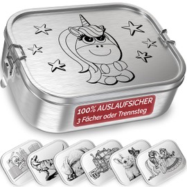 TAKWAY Children's Stainless Steel Lunch Box with Compartments, 800 ml, Leakproof Bento Box, Adjustable, Snack Box, Lunch Box, Nursery, School (Unicorn, 3 Compartments)