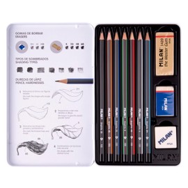 MILAN® 7 Graphite Pencils (2H, H, HB, B, 2B, 4B, 6B) for Drawing, with 2 Erasers and Sharpener, in Metal Case