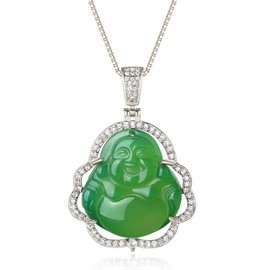 Buddha Pendant Green Jade Buddha Necklace Silver Iced Out Bling Cubic Zirconia Laughing Buddha Pendant Necklace, Metal, Cubic Zirconia