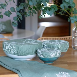Linen Bowl Covers - Set of Three, Sage Green. Perfect for covering food can be used in the fridge. A great cling film alternative. Machine washable. Fits bowls, 18, 22 and 30cm diameter.
