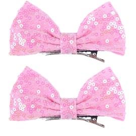 Xansema 2Pcs 4 Inch Sequins Hair Bows for Girls, Sparkling Bows Hair Clip Barrettes Accessories for Women Teens Girls Kids (Pink)