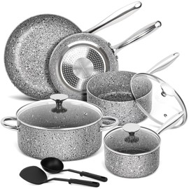 MICHELANGELO Pots and Pans Set 10 Piece, Cookware Set with Granite Coatings for Super Nonstick Result Essential Stone Cookware Sets with Utensil Set, Induction Compatible, PFOA Free