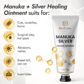 Manuka Honey Ointment 500+ MGO – Dog Hot Spot Treatment for Scratches, Burns, Irritations – Cat Wound Care with 55-PPM Colloidal Silver for Dogs – Manuka + Silver Healing Ointment in a 2-oz Tube