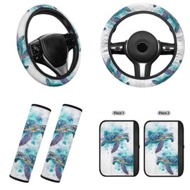 SEANATIVE Blue Turtle Flannel Car Accessories Set Fluffy Elastic Car Steering Wheel Cover with Thickened and Warm 2 Pcs Seat Belt Cover Pad Auto Interior Winter, Full Set of 3