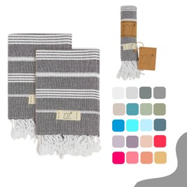 Yazz Turkish Cotton Hand Towels - Set of 2 | 18" x 30" inches |%100 Cotton | Decorative Peshtemal Cotton Hand Towels for Kitchen, Bath, Guest, Face, Hair, Gym, Yoga, Dishcloth, Travel (Anthracite)
