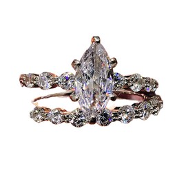 Biuhapiy Two Piece Cubic Zirconia Engagement Teardrop Pear Ring Set Wedding Promise Ring for Her 18k White Gold Plated Cubic Zirconia Promise Eternal Bridal Prom Band for Women 9