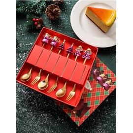 OUSHOP - Juego de cuchara y tenedor de 6 piezas de Navidad con diseño de dibujos animados, juego de cuchara y tenedor de acero inoxidable (juego de...