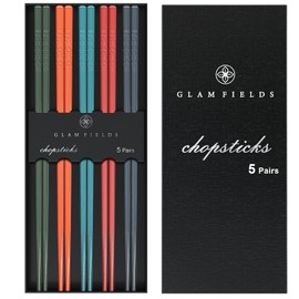 Chopsticks, GLAMFIELDS 5 Pairs Premium Reusable Multicolour Chopsticks for Sushi Japanese Matte Anti-slip Chop Sticks with Gift Case Lightweight Dishwasher Safe, 9.6 Inch