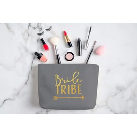 Heather & Willow 6 Piece Set | Bride Tribe Canvas Cosmetic Makeup Clutch Gifts Bag for Bridesmaid Proposal Box & Bridesmaids Bachelorette Party Favors (Grey)