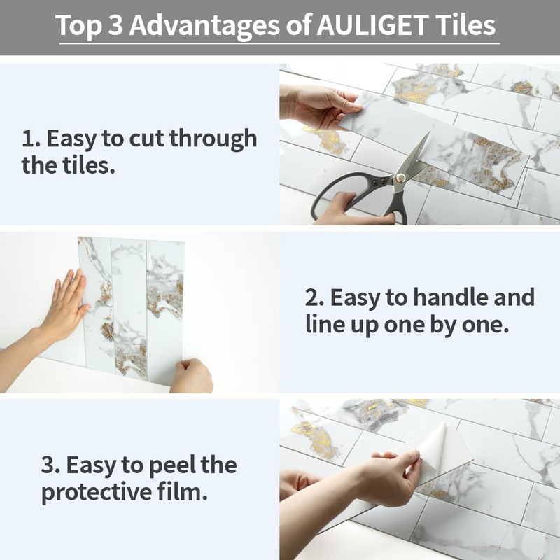 AULIGET 40-Piece Polished White Marble with Gold Peel and Stick