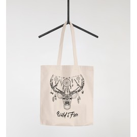 Autiga® Jute Bag Deer Antlers Dream Catcher Boho Bohamian Cotton Bag Shopping Bag Fabric Bag Natural 2 Long Handles