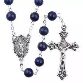 Catholic Town rosary Miraculous Mary centerpiece & 8mm Lazurite Lapis Blue stone