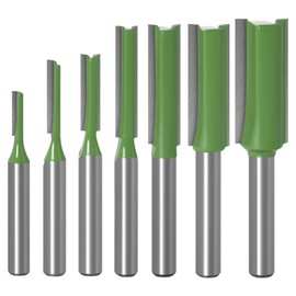 Carbide Bit, Router Bit, Trimmer Bit, Tongue and Groove Cutter, Single/Double Flute Bit, Cutting Tool, Industrial Cutter, Woodworking Tool, Straight Cutter, Tungsten Steel, 0.2 inch (6 mm) Shaft, Set of 7, Green